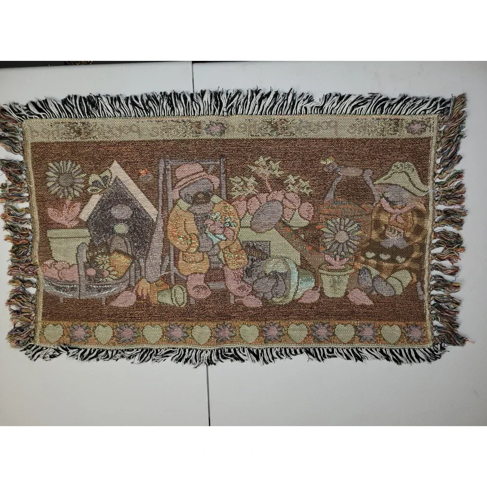 Vintage Tapestry Throw Rug Runner Teddy Bears And Potting Shed 32